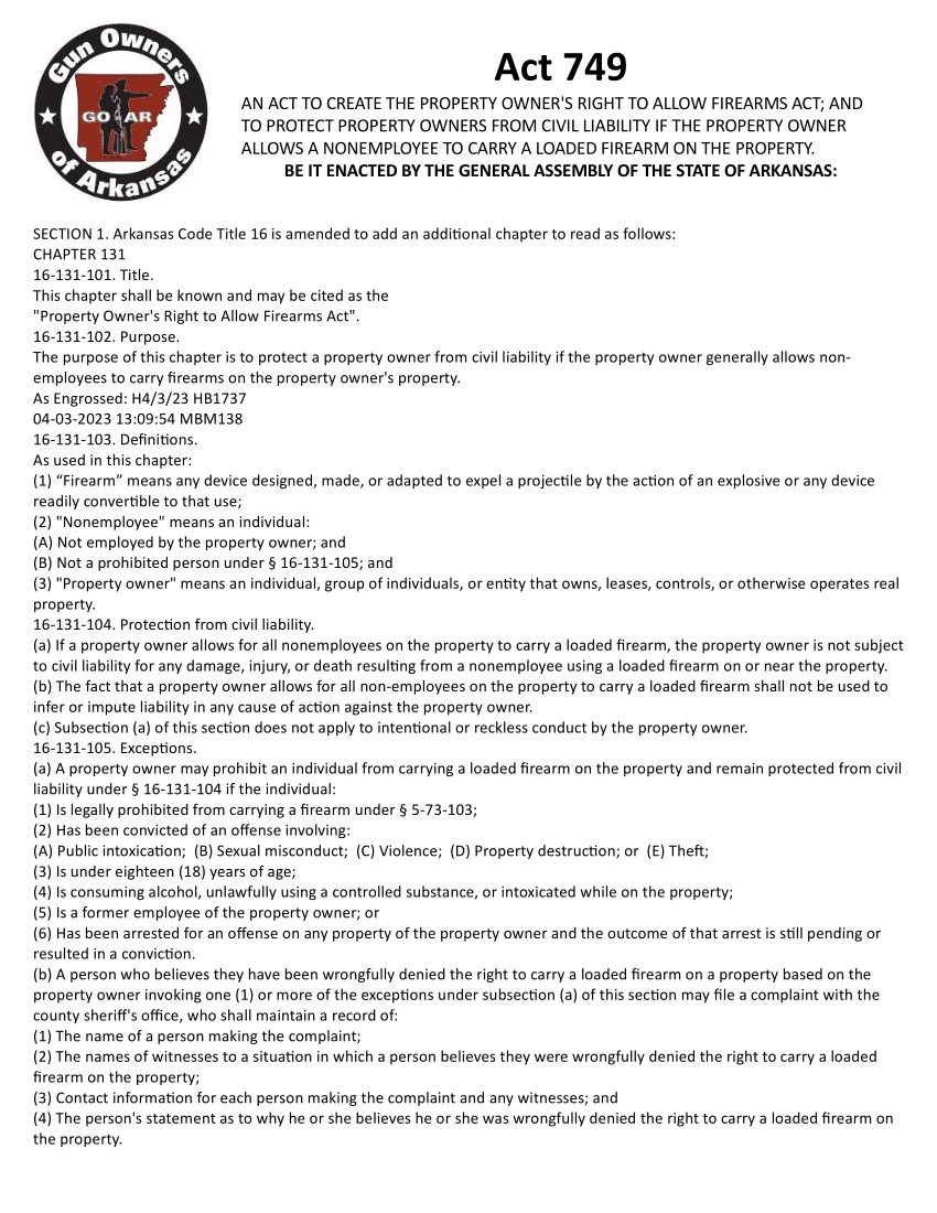 Act 749 Gun Owners of Arkansas